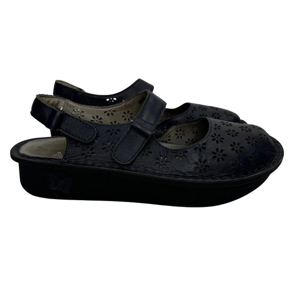 Alegria Womens Sz 8/8.5 Slip Resistant Navy Blue Leather Floral Laser Cut Mary J - Picture 2 of 11